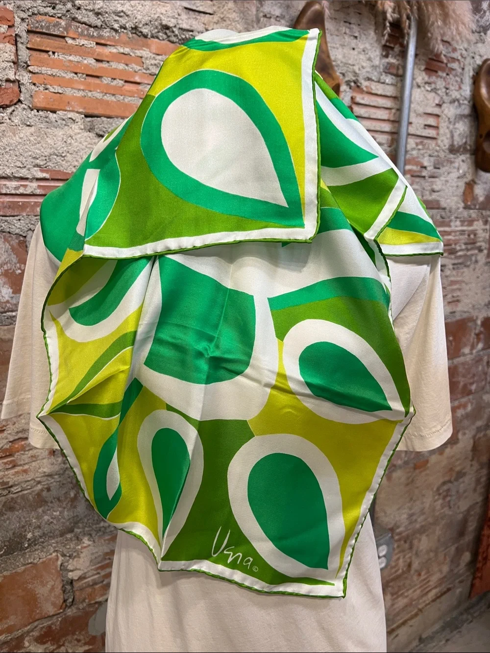 Vintage Vera Neumann geometric design neon greens and white 60’s scarf Japan